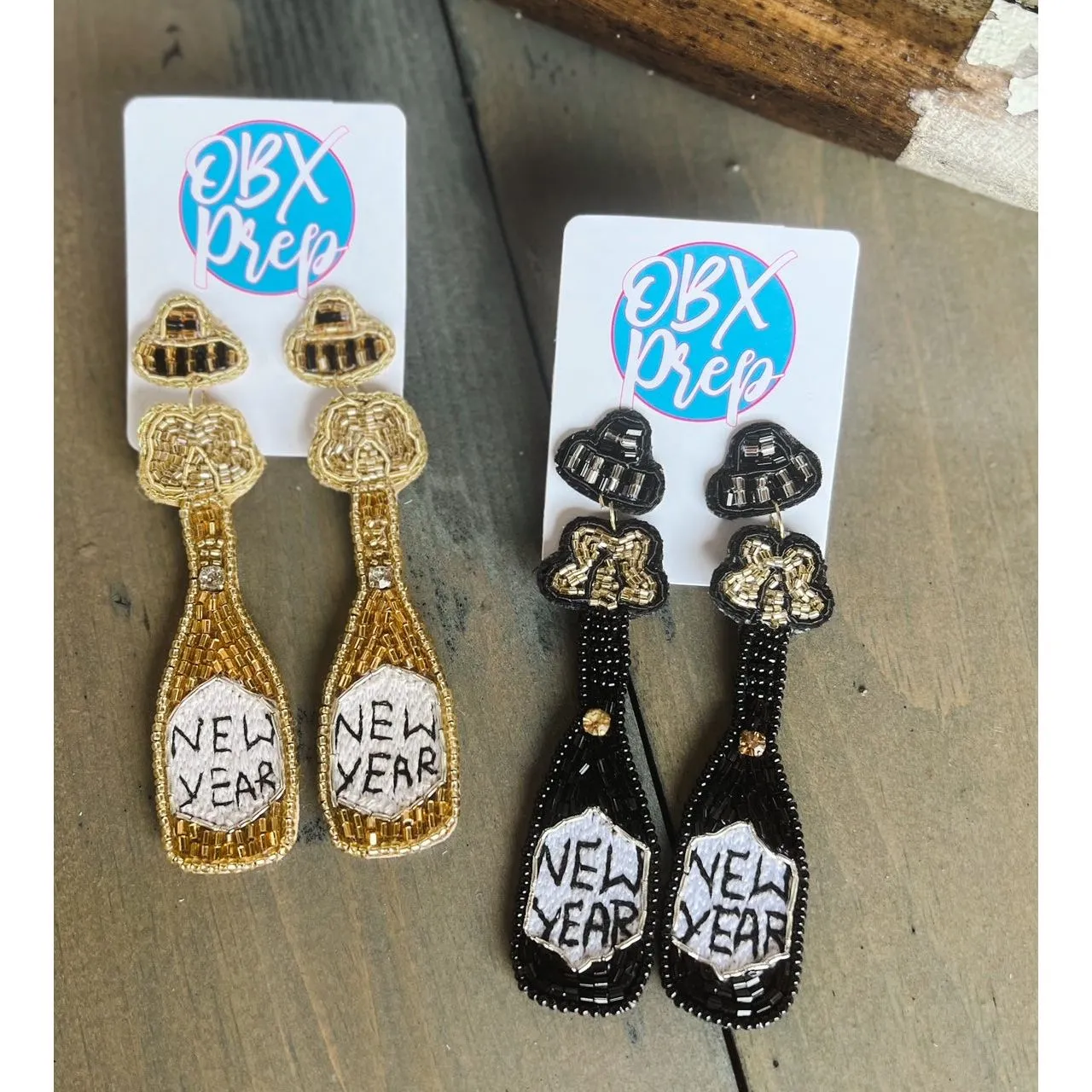 New Year Champagne Bottle Seed Beaded Earrings