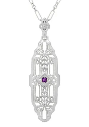 North South 1920's Filigree Amethyst Pendant Necklace in Sterling Silver - Art Deco Antique Inspired