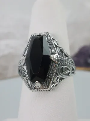 Onyx Ring, Hexagon Gem with Art Deco Filigree, Edwardian Jewelry #D237