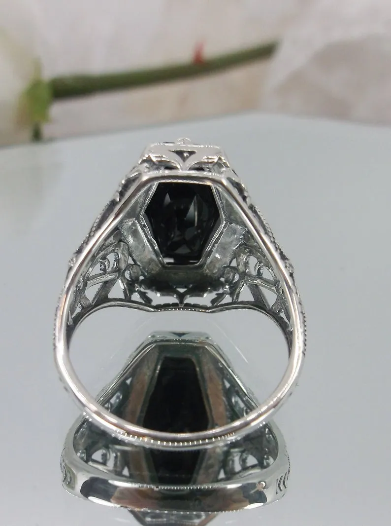 Onyx Ring, Hexagon Gem with Art Deco Filigree, Edwardian Jewelry #D237