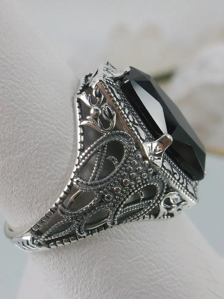 Onyx Ring, Hexagon Gem with Art Deco Filigree, Edwardian Jewelry #D237