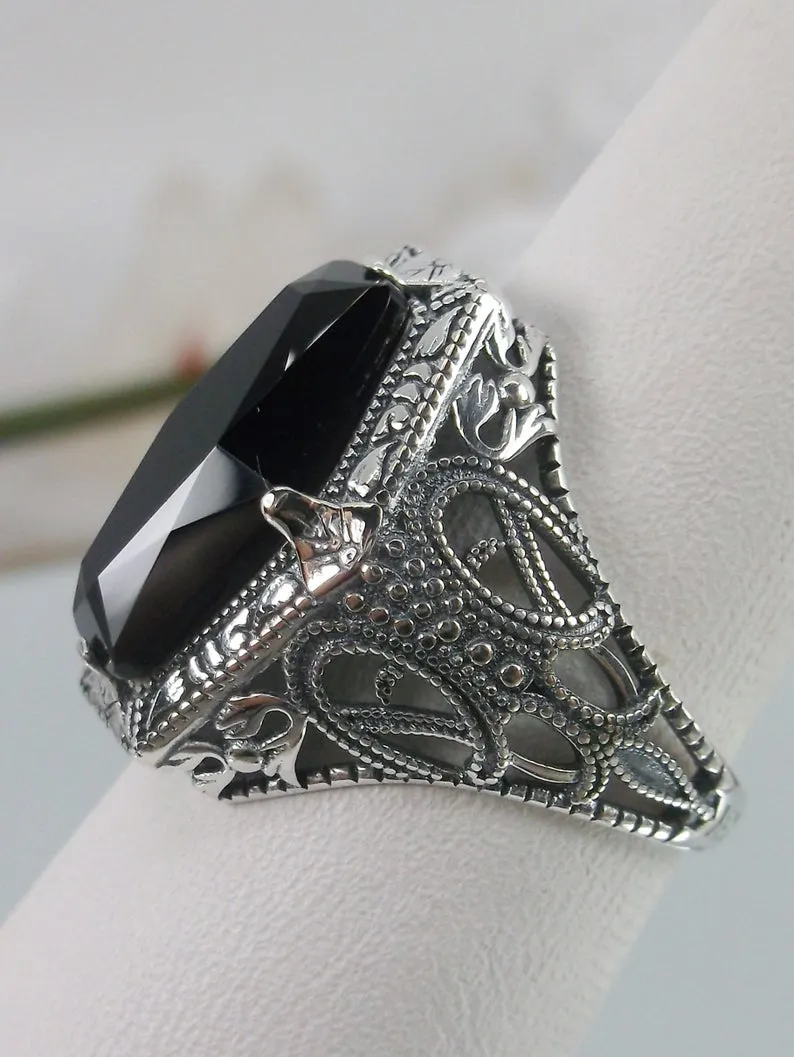 Onyx Ring, Hexagon Gem with Art Deco Filigree, Edwardian Jewelry #D237