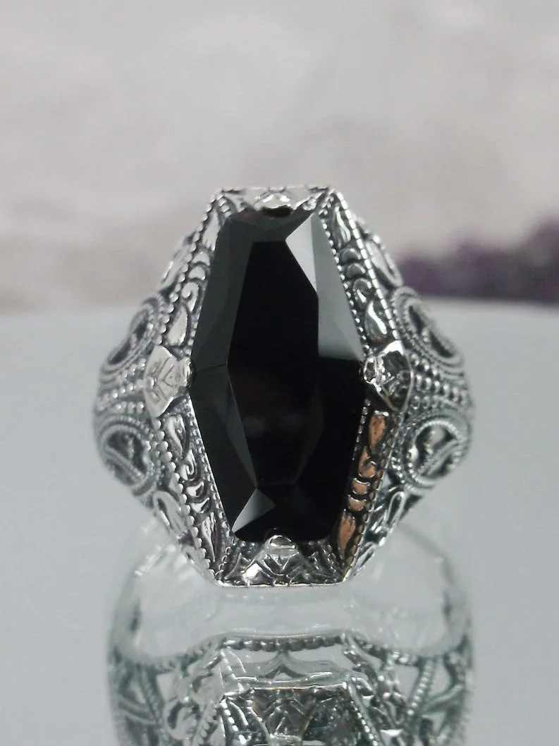 Onyx Ring, Hexagon Gem with Art Deco Filigree, Edwardian Jewelry #D237