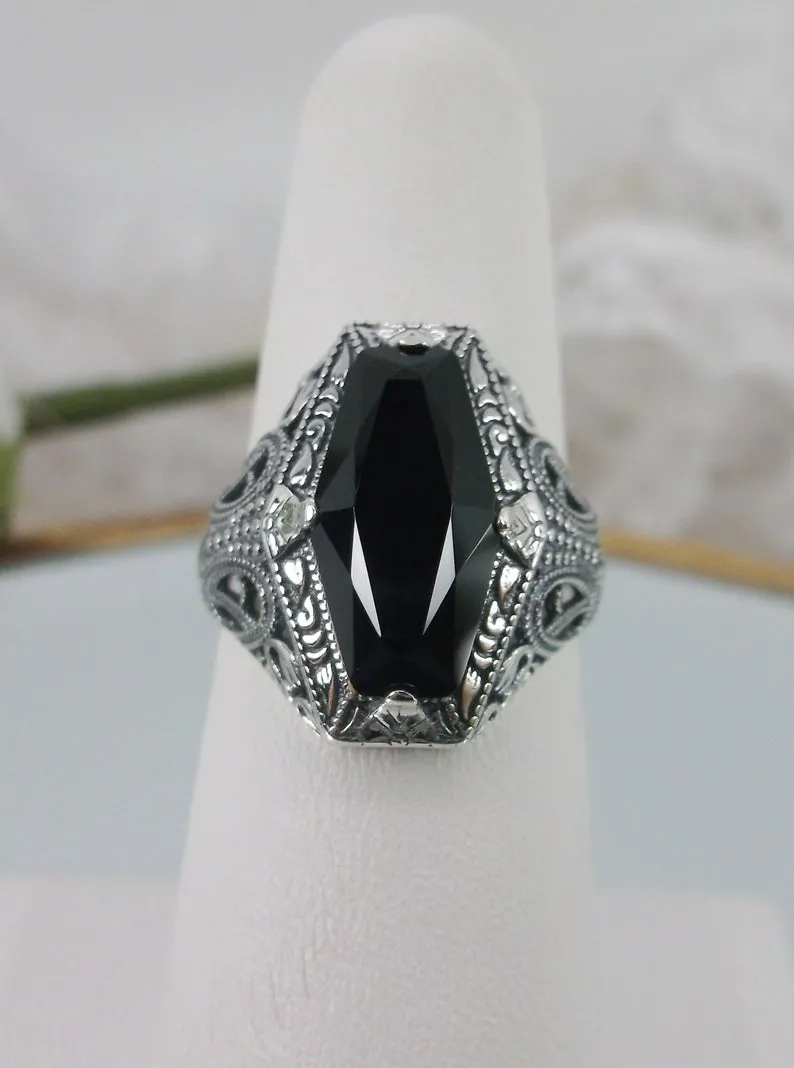 Onyx Ring, Hexagon Gem with Art Deco Filigree, Edwardian Jewelry #D237