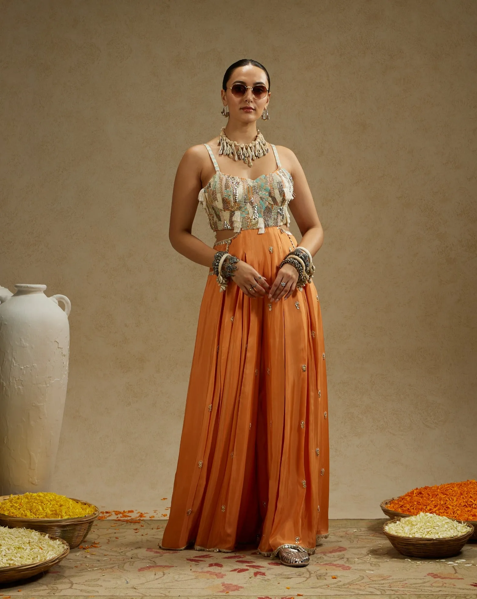 Orange embellished jumpsuit with pockets