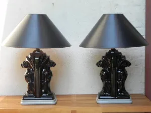 Pair Large Deco Black Ceramic Panther Table Lamps with Black Shades