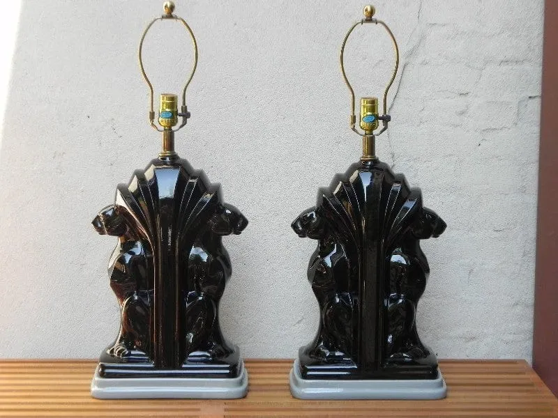 Pair Large Deco Black Ceramic Panther Table Lamps with Black Shades
