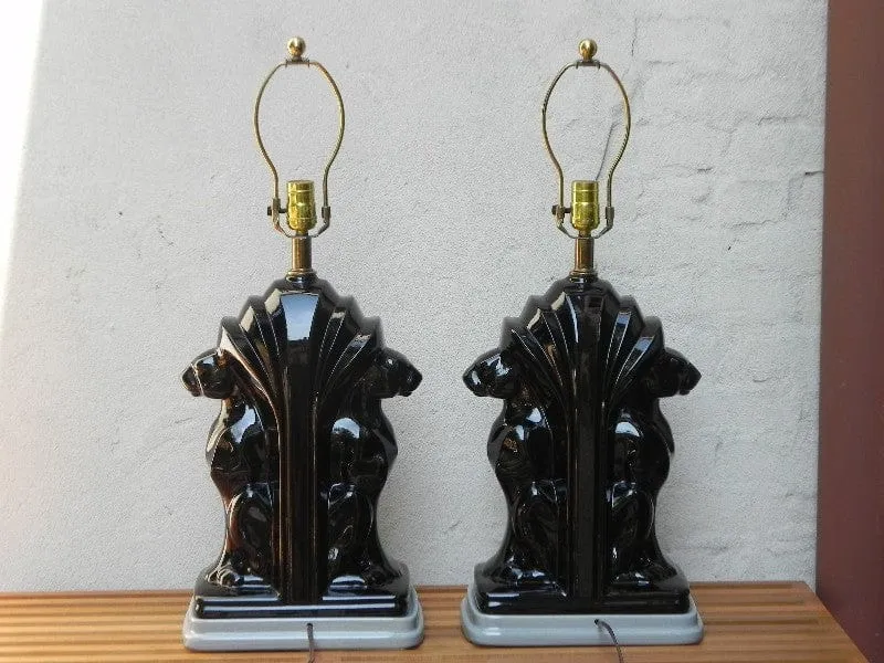 Pair Large Deco Black Ceramic Panther Table Lamps with Black Shades