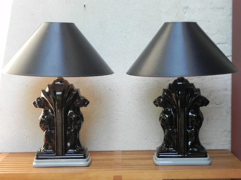 Pair Large Deco Black Ceramic Panther Table Lamps with Black Shades