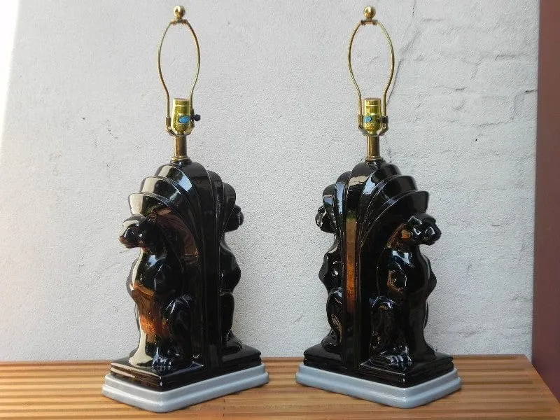 Pair Large Deco Black Ceramic Panther Table Lamps with Black Shades