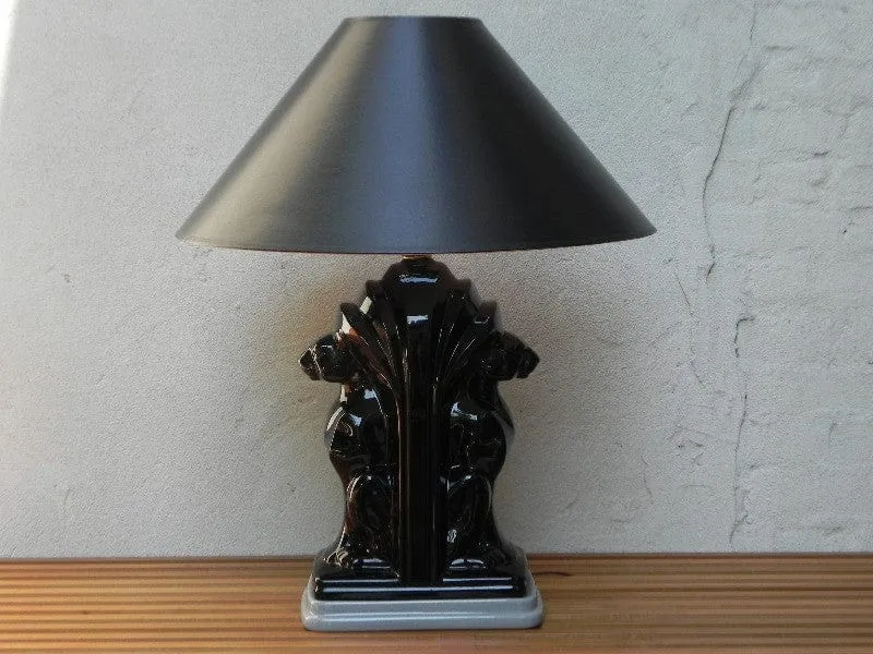 Pair Large Deco Black Ceramic Panther Table Lamps with Black Shades