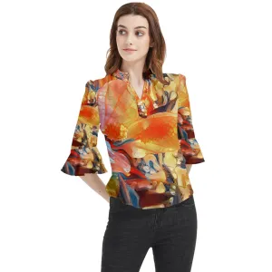Peace Lily Loose Horn Sleeve Chiffon Blouse - Stylish, Lightweight & Customizable for Unique Professional Style