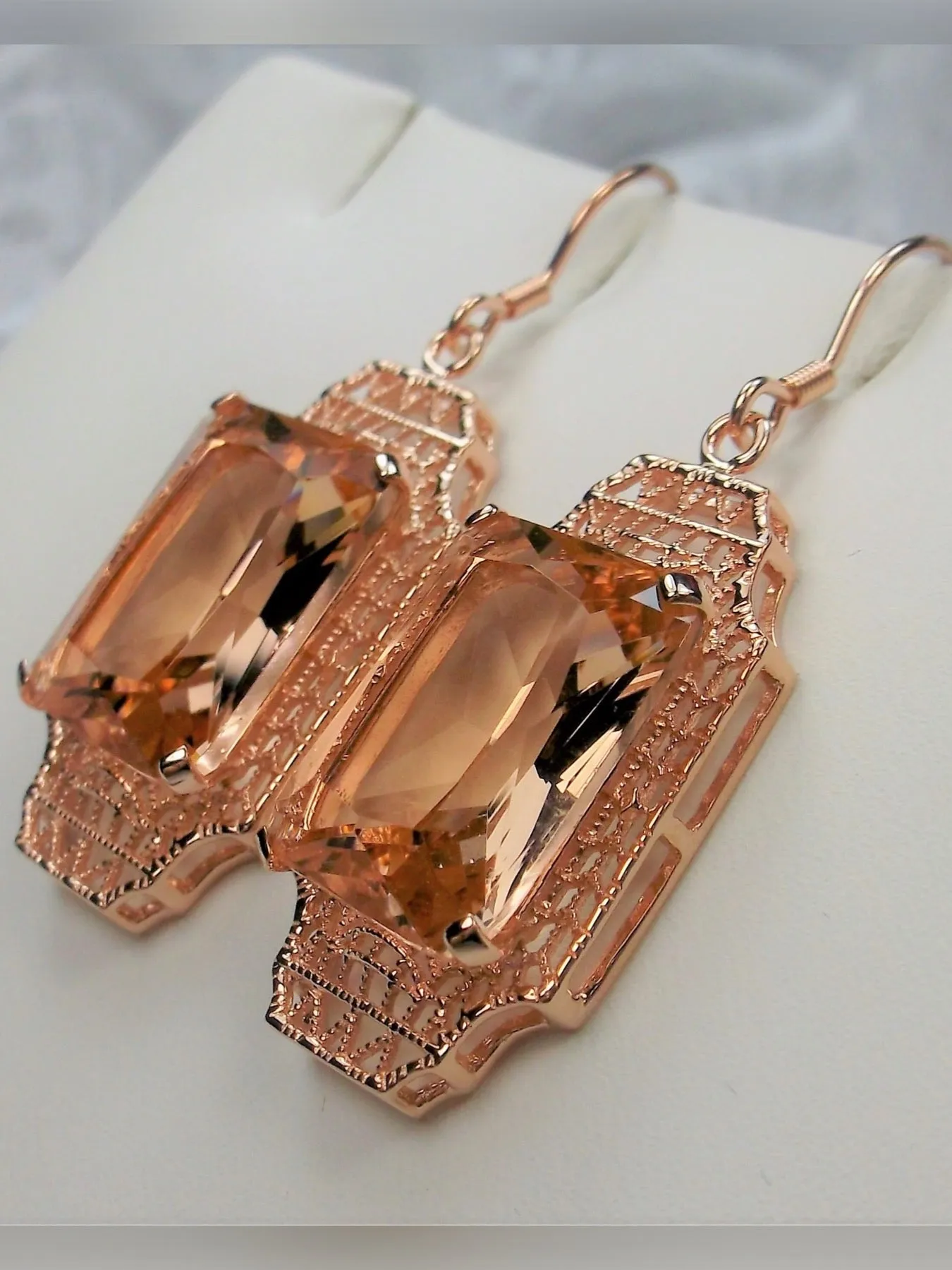 Peach Topaz Earrings, Rose Gold Overlay, Rectangle Gems, Art Deco Lantern-style Silver Filigree #E13