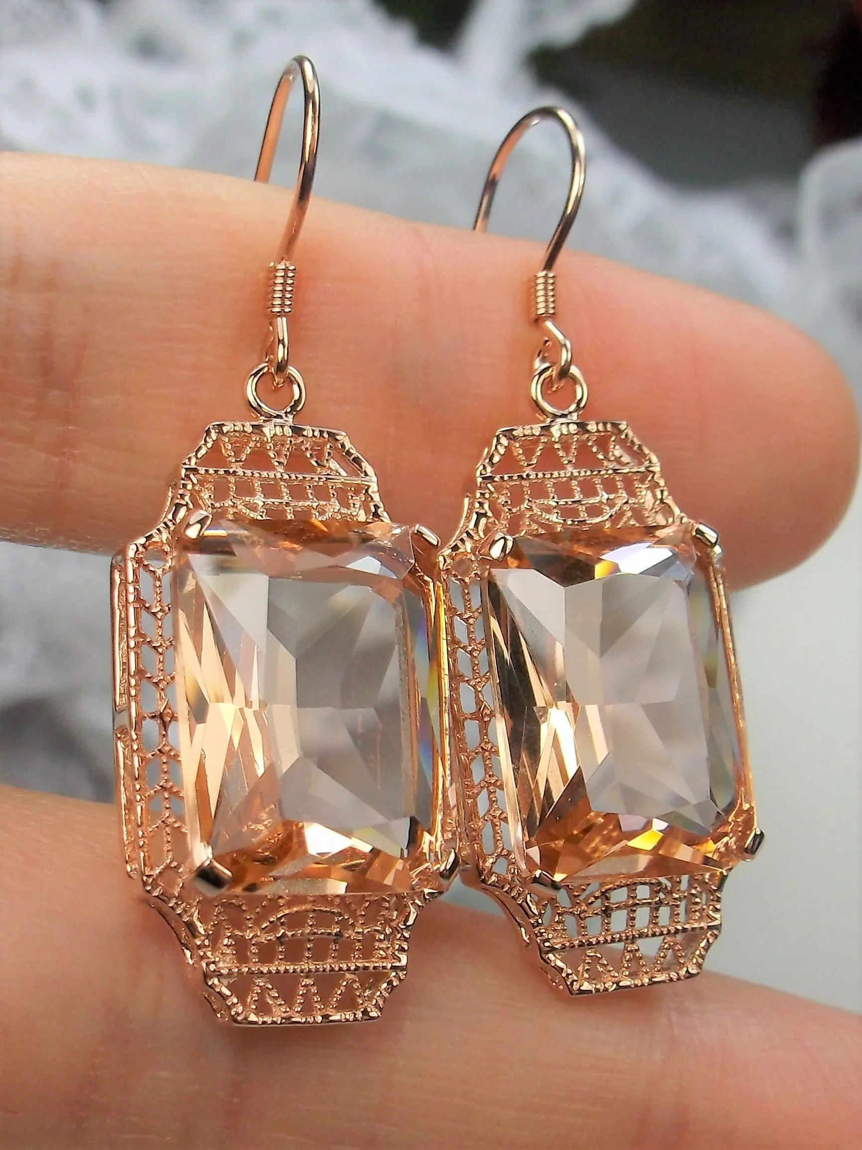 Peach Topaz Earrings, Rose Gold Overlay, Rectangle Gems, Art Deco Lantern-style Silver Filigree #E13