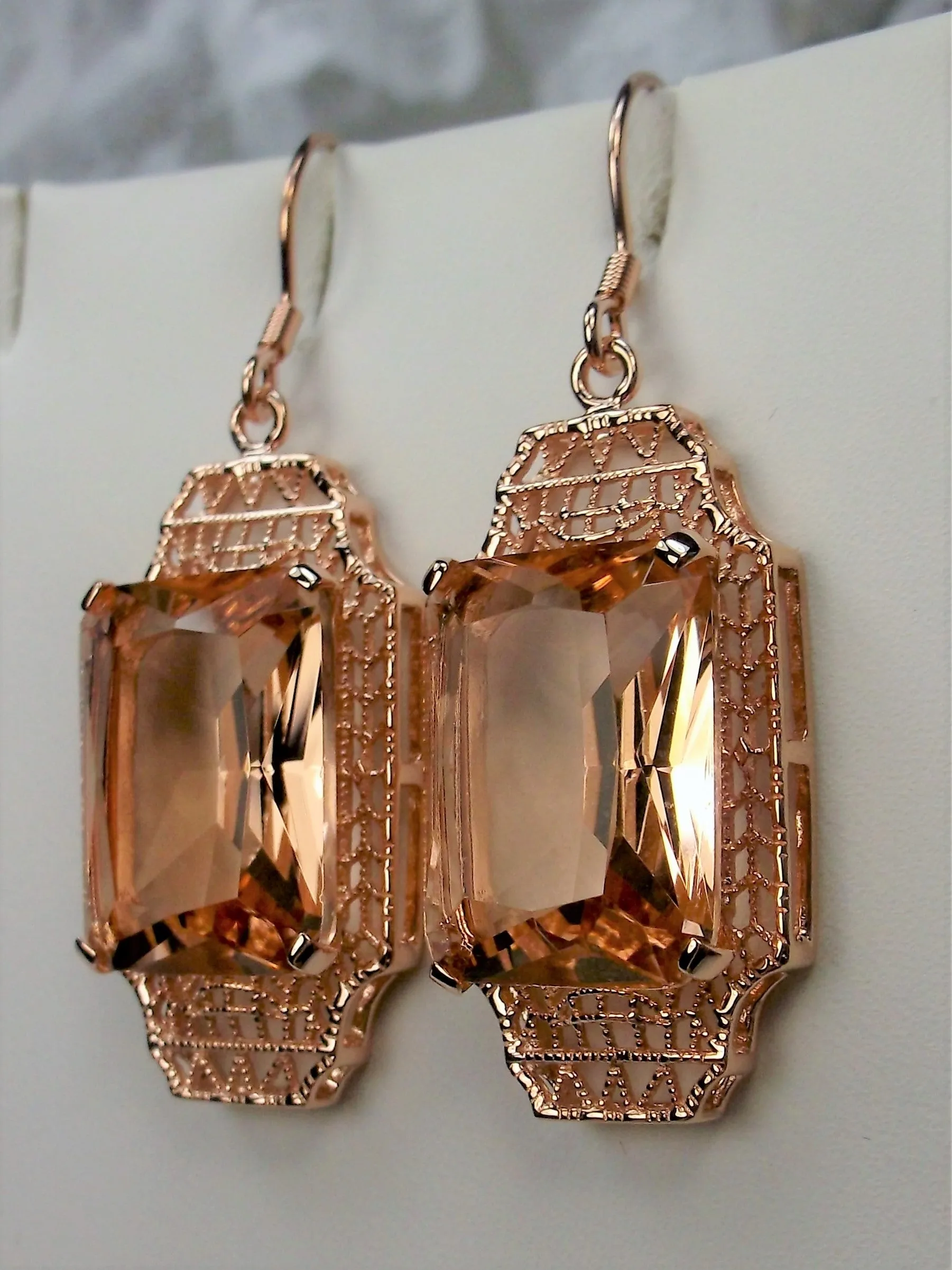 Peach Topaz Earrings, Rose Gold Overlay, Rectangle Gems, Art Deco Lantern-style Silver Filigree #E13