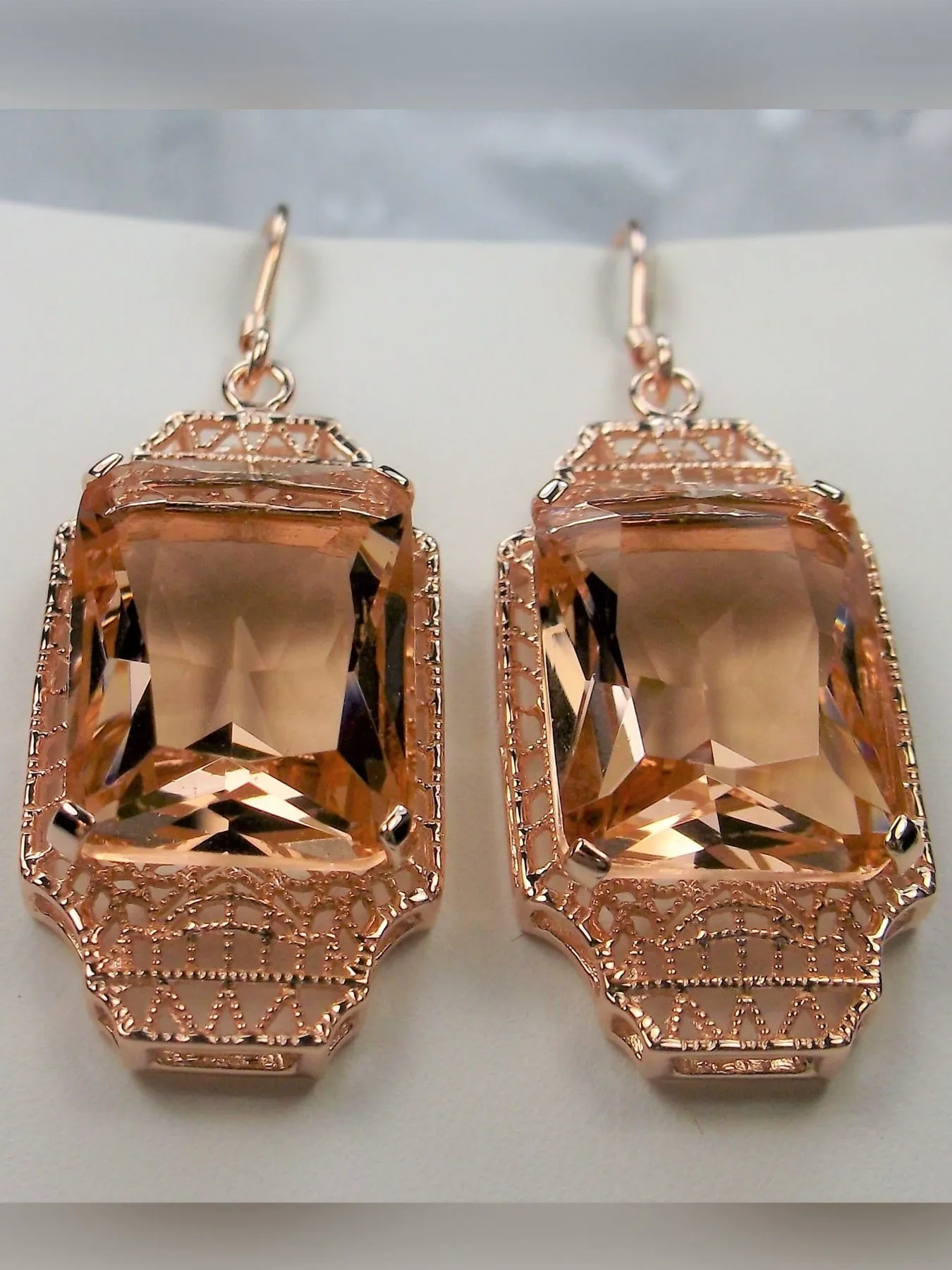 Peach Topaz Earrings, Rose Gold Overlay, Rectangle Gems, Art Deco Lantern-style Silver Filigree #E13