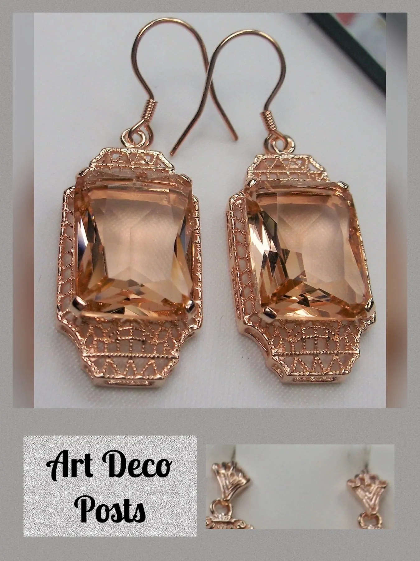 Peach Topaz Earrings, Rose Gold Overlay, Rectangle Gems, Art Deco Lantern-style Silver Filigree #E13