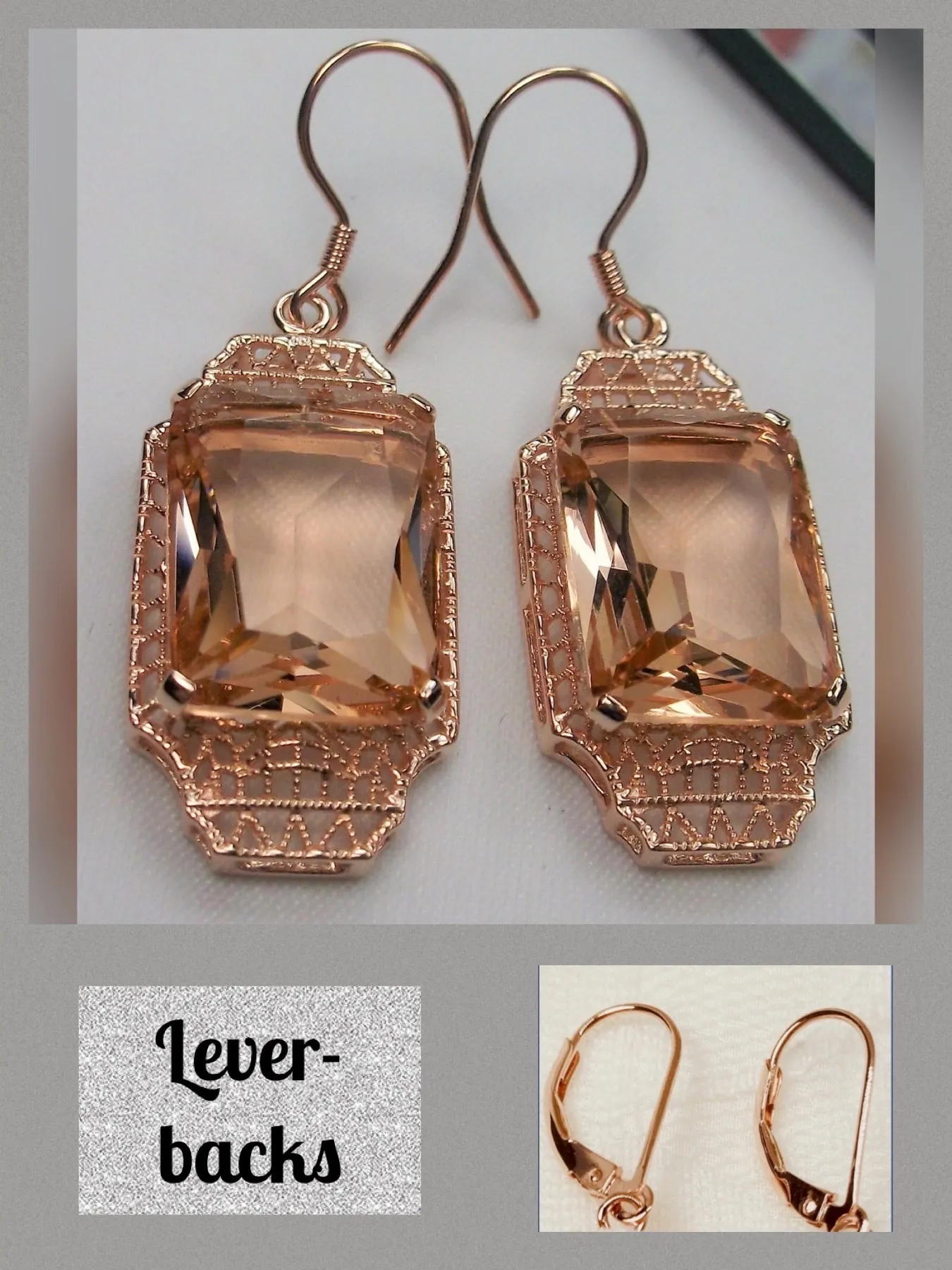 Peach Topaz Earrings, Rose Gold Overlay, Rectangle Gems, Art Deco Lantern-style Silver Filigree #E13
