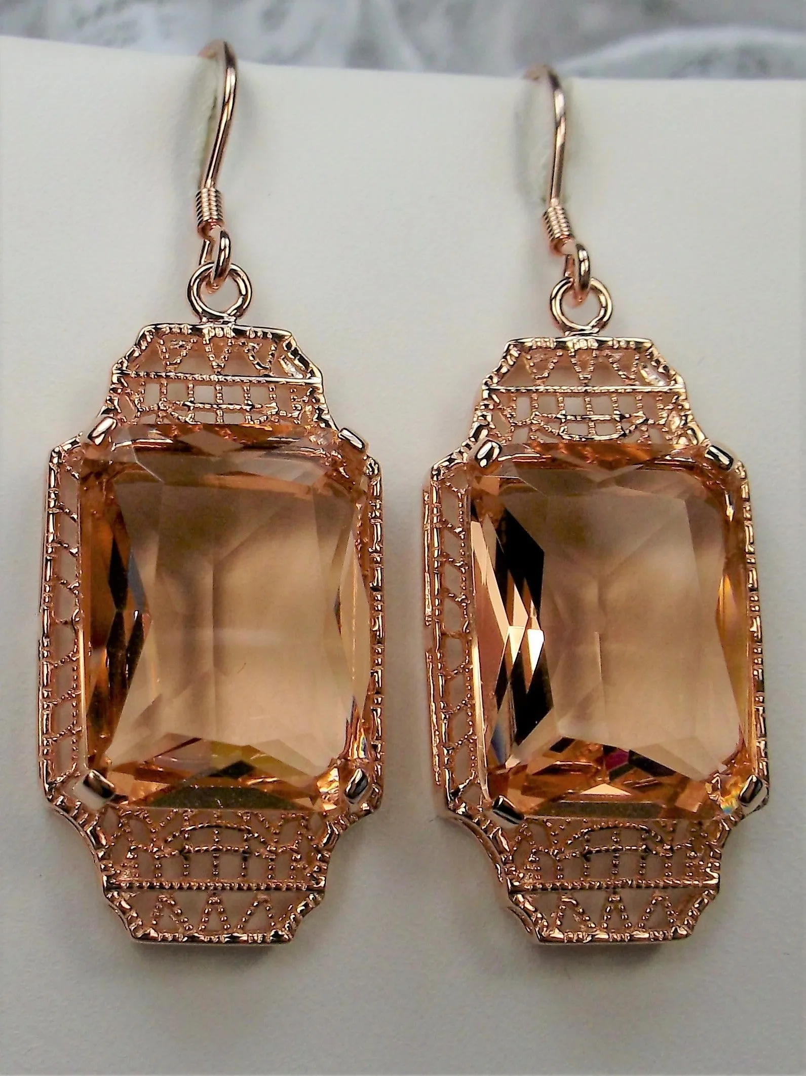 Peach Topaz Earrings, Rose Gold Overlay, Rectangle Gems, Art Deco Lantern-style Silver Filigree #E13