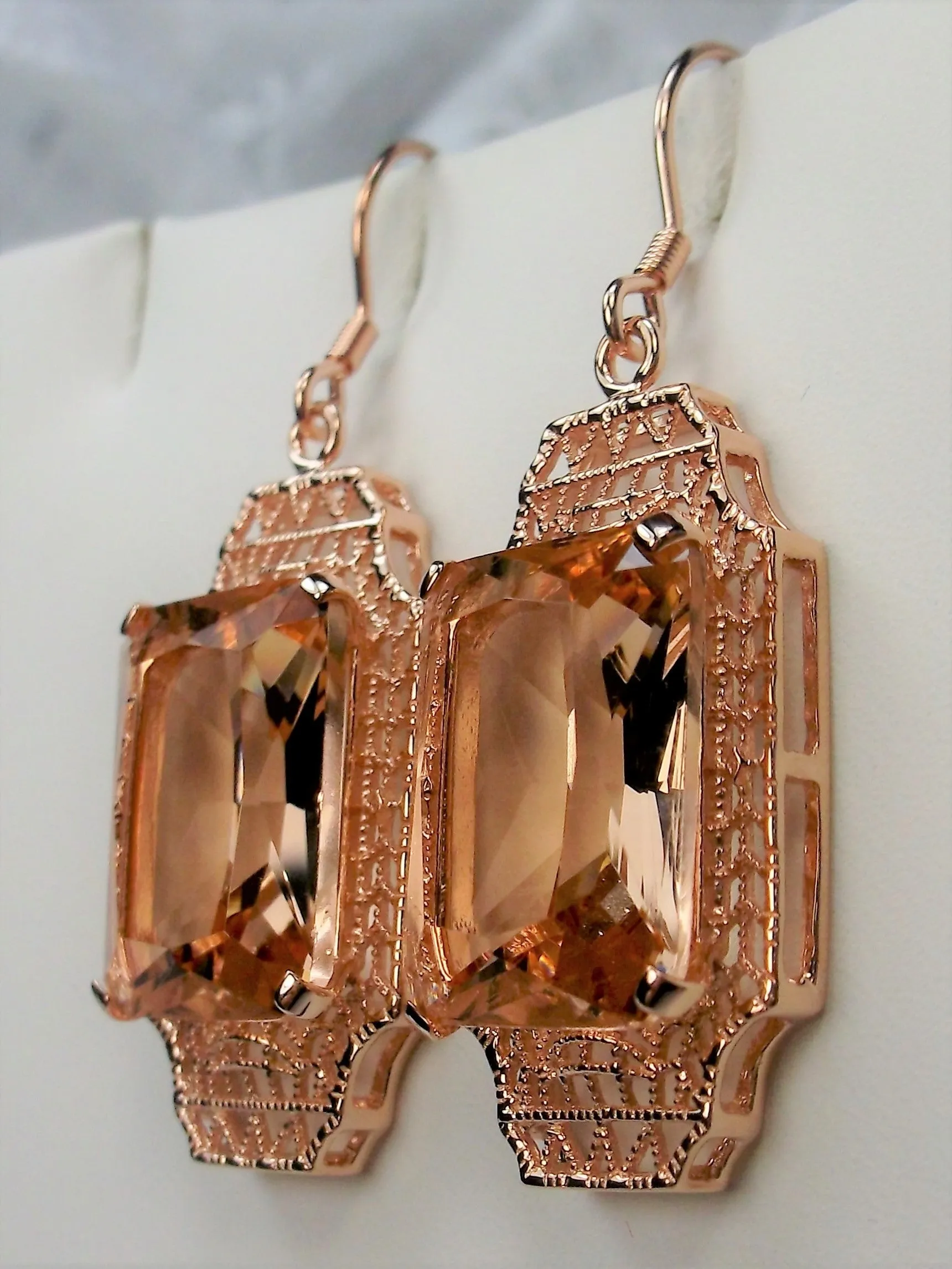 Peach Topaz Earrings, Rose Gold Overlay, Rectangle Gems, Art Deco Lantern-style Silver Filigree #E13