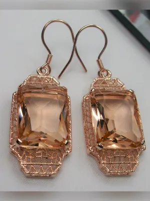 Peach Topaz Earrings, Rose Gold Overlay, Rectangle Gems, Art Deco Lantern-style Silver Filigree #E13