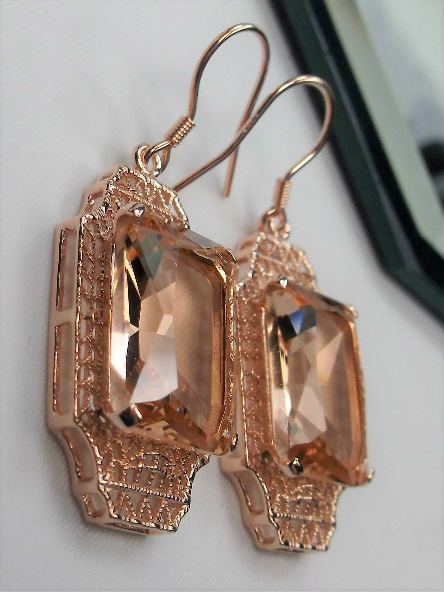 Peach Topaz Earrings, Rose Gold Overlay, Rectangle Gems, Art Deco Lantern-style Silver Filigree #E13