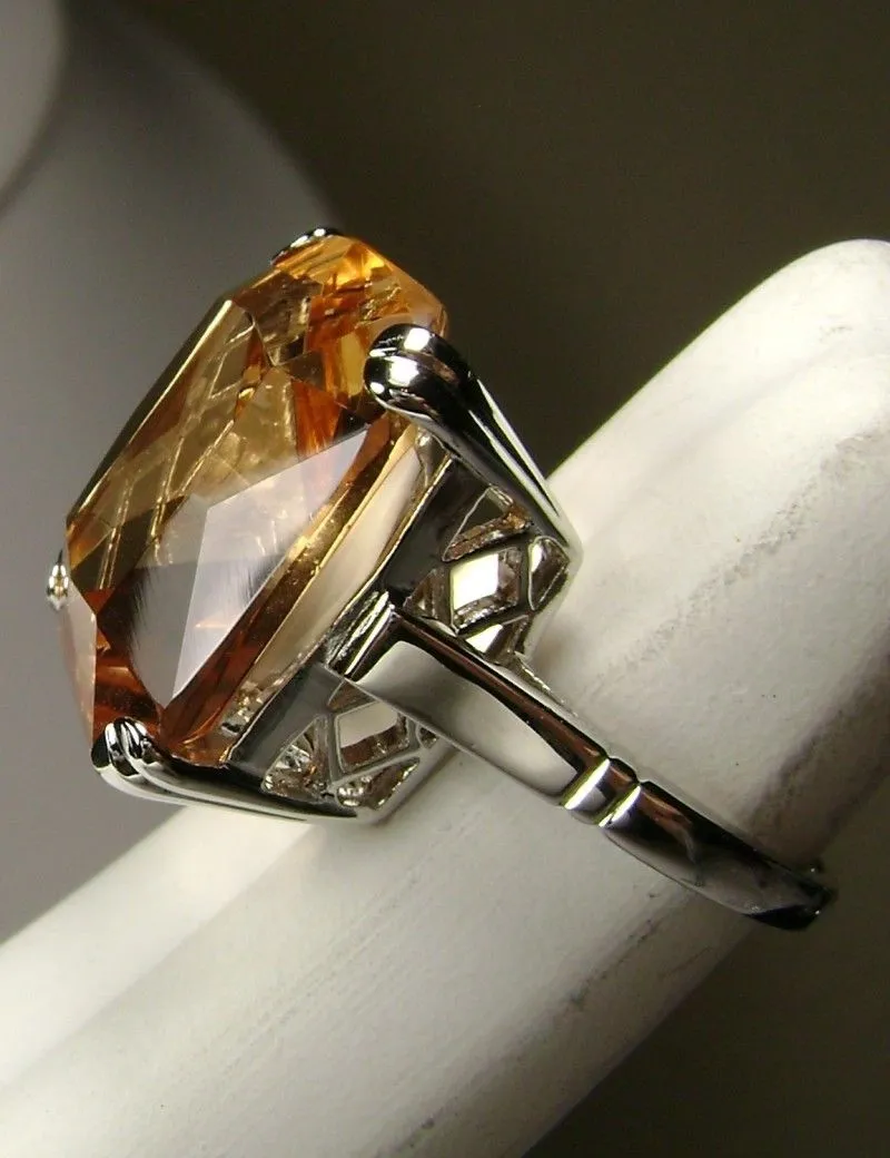 Peach Topaz Ring, 20ct Big Huge Square Gem, Vintage Jewelry Design#D1