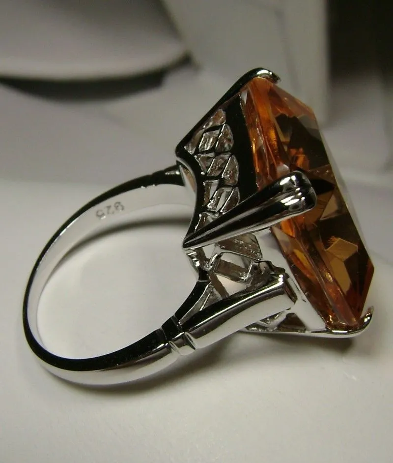 Peach Topaz Ring, 20ct Big Huge Square Gem, Vintage Jewelry Design#D1