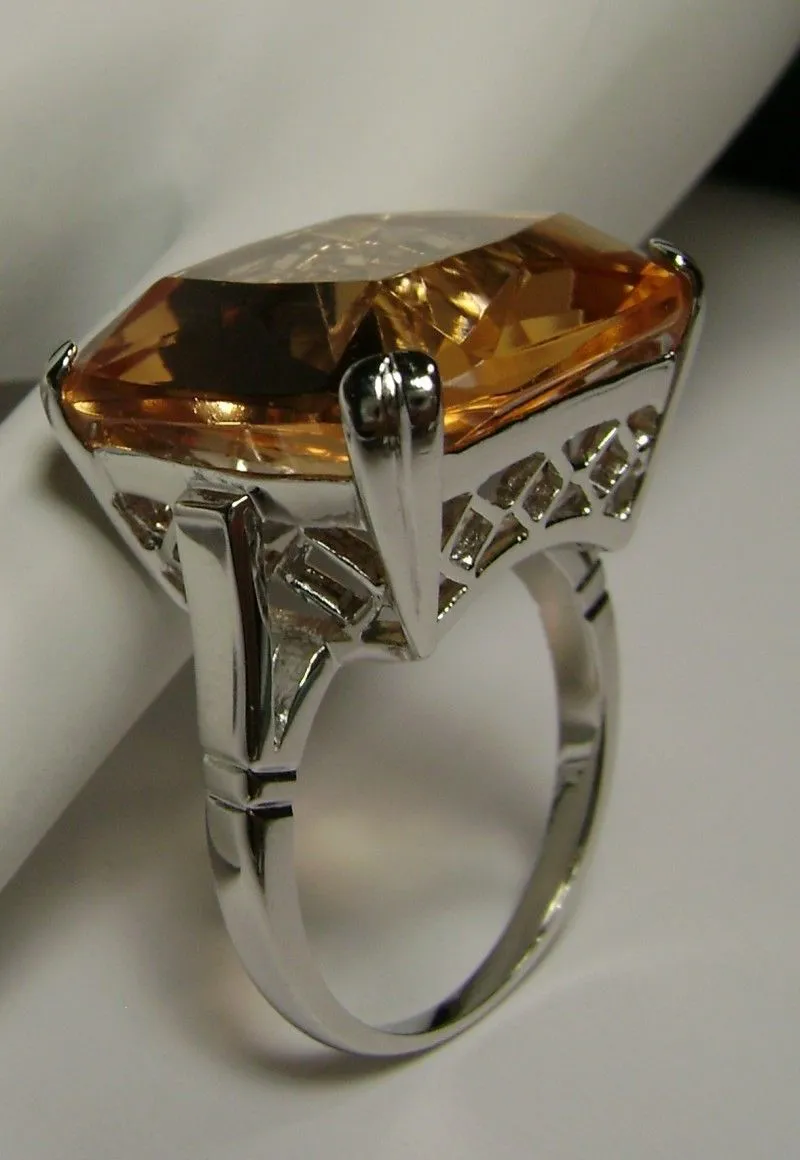 Peach Topaz Ring, 20ct Big Huge Square Gem, Vintage Jewelry Design#D1