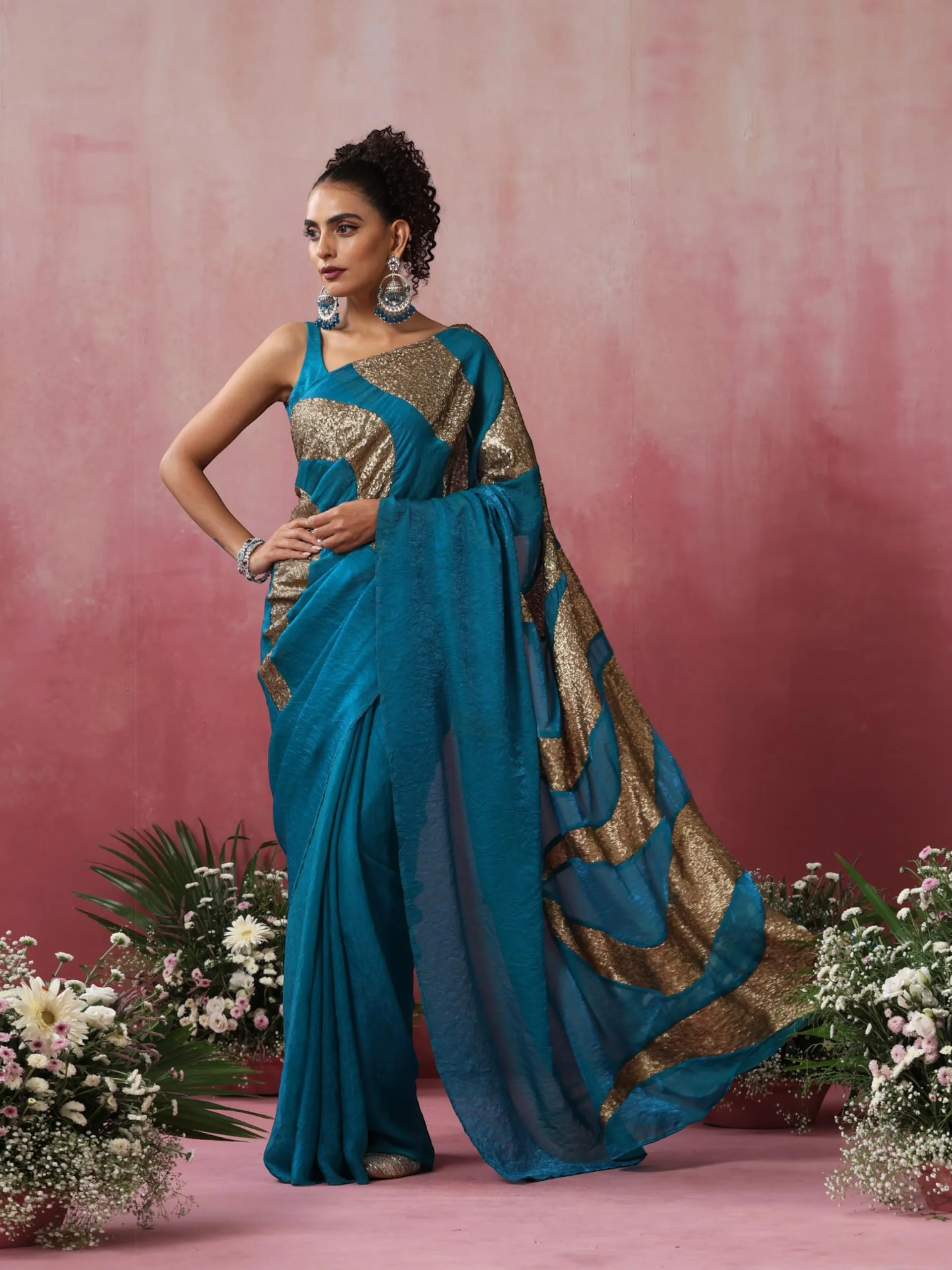Peacock Crushed Metallic Saree with Golden Sequin Fire with Blouse Fabric