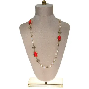 Pearl and Red Bezel Set Crystal Necklace