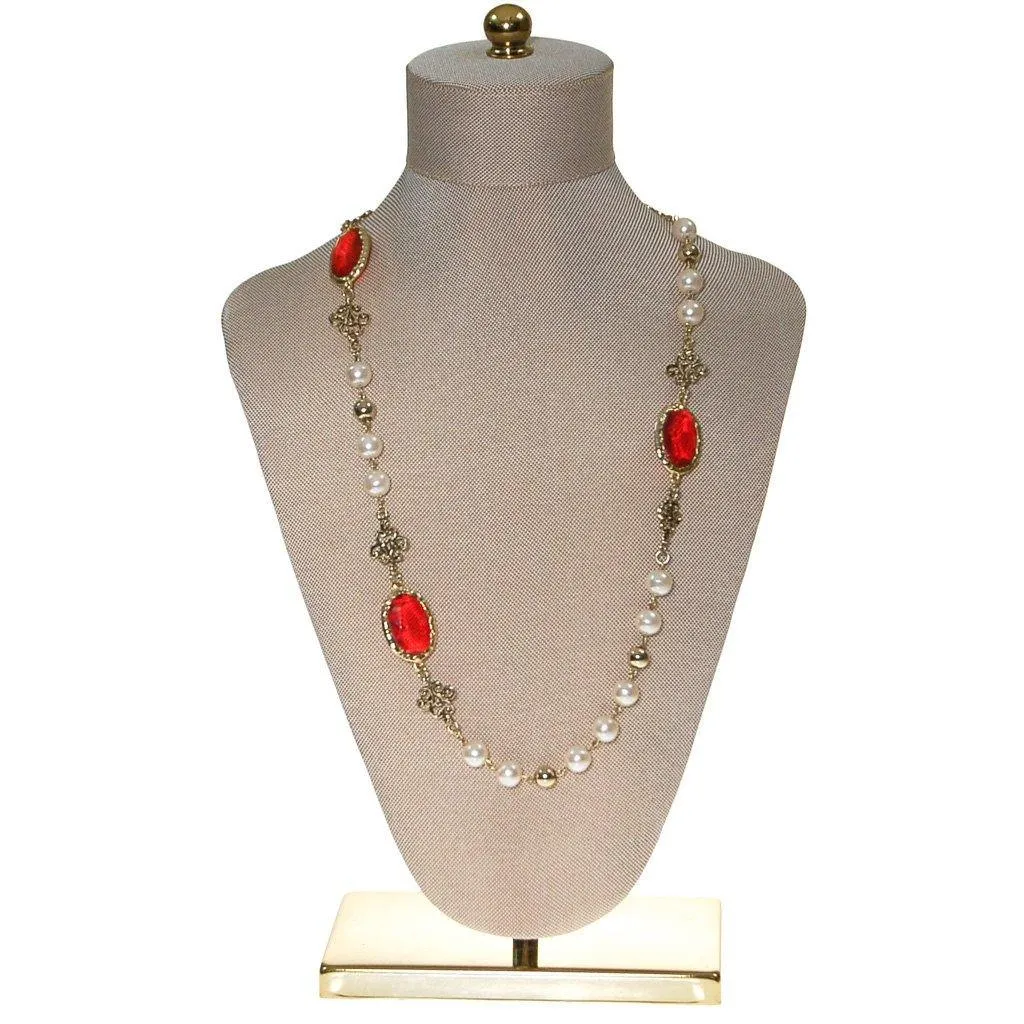 Pearl and Red Bezel Set Crystal Necklace