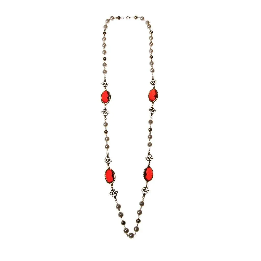 Pearl and Red Bezel Set Crystal Necklace