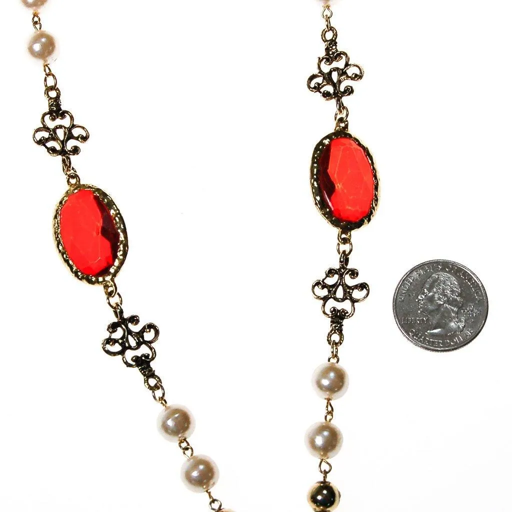 Pearl and Red Bezel Set Crystal Necklace