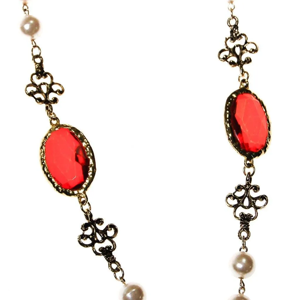 Pearl and Red Bezel Set Crystal Necklace