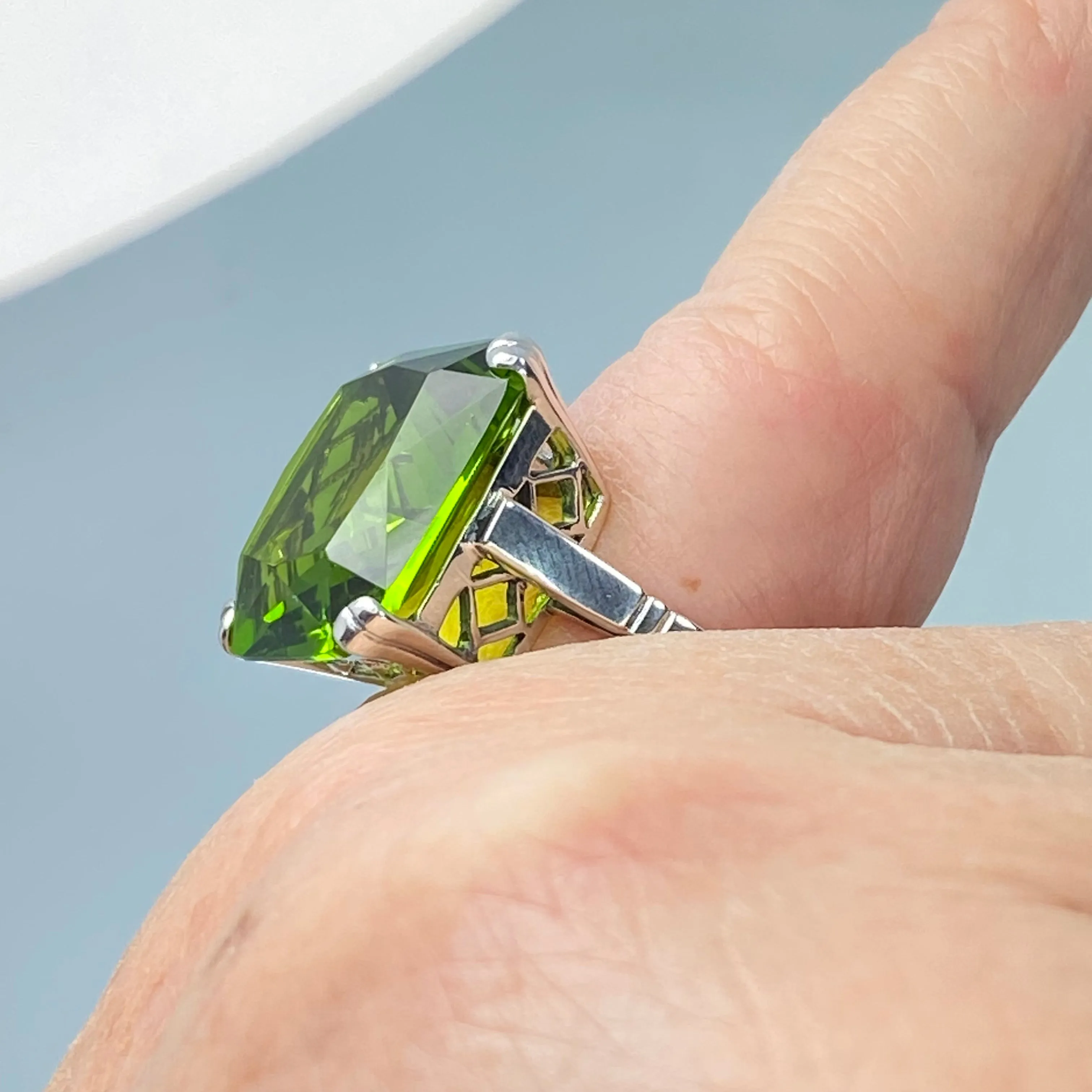 Peridot Ring, 20ct Big Huge Square Gem, Vintage Jewelry #D1