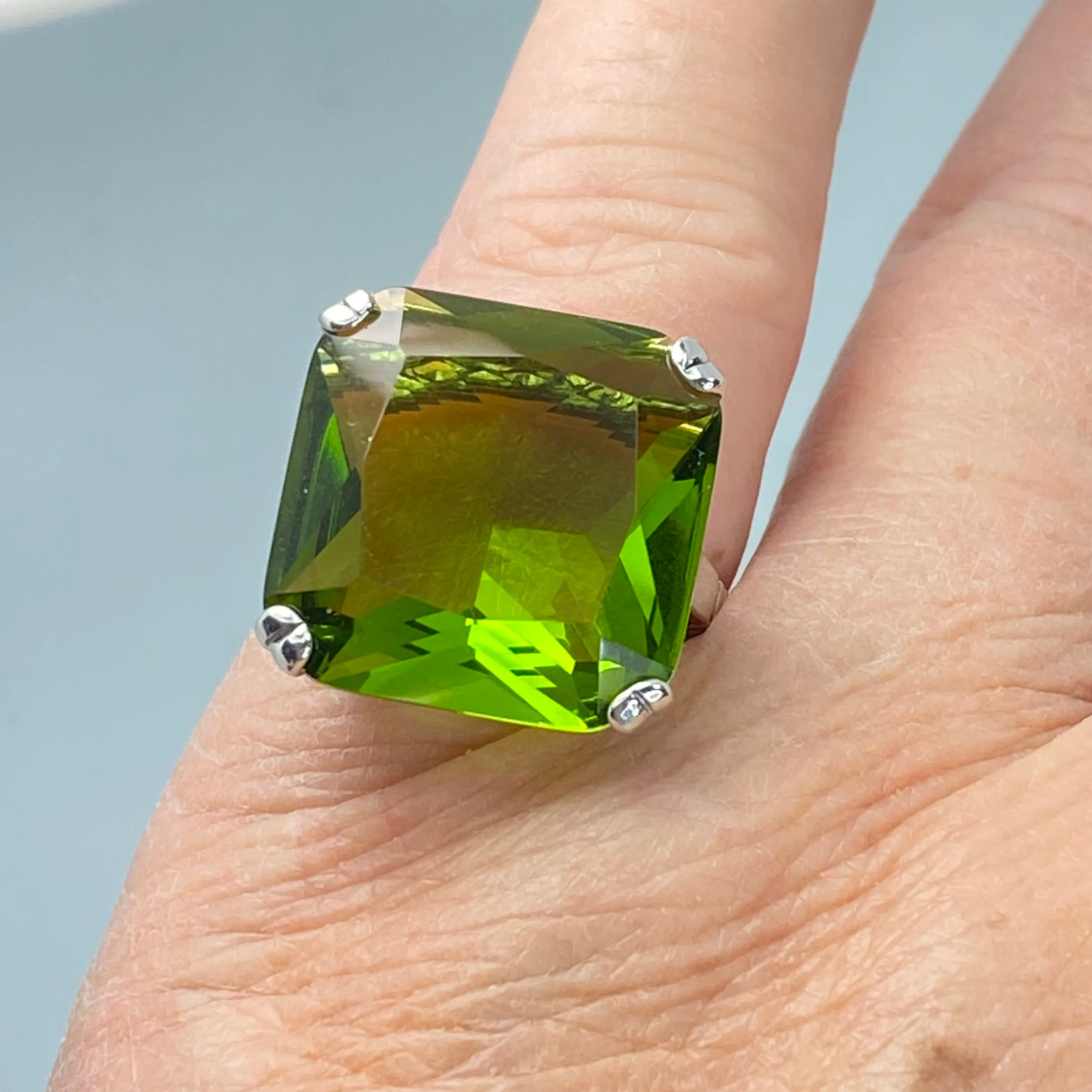Peridot Ring, 20ct Big Huge Square Gem, Vintage Jewelry #D1