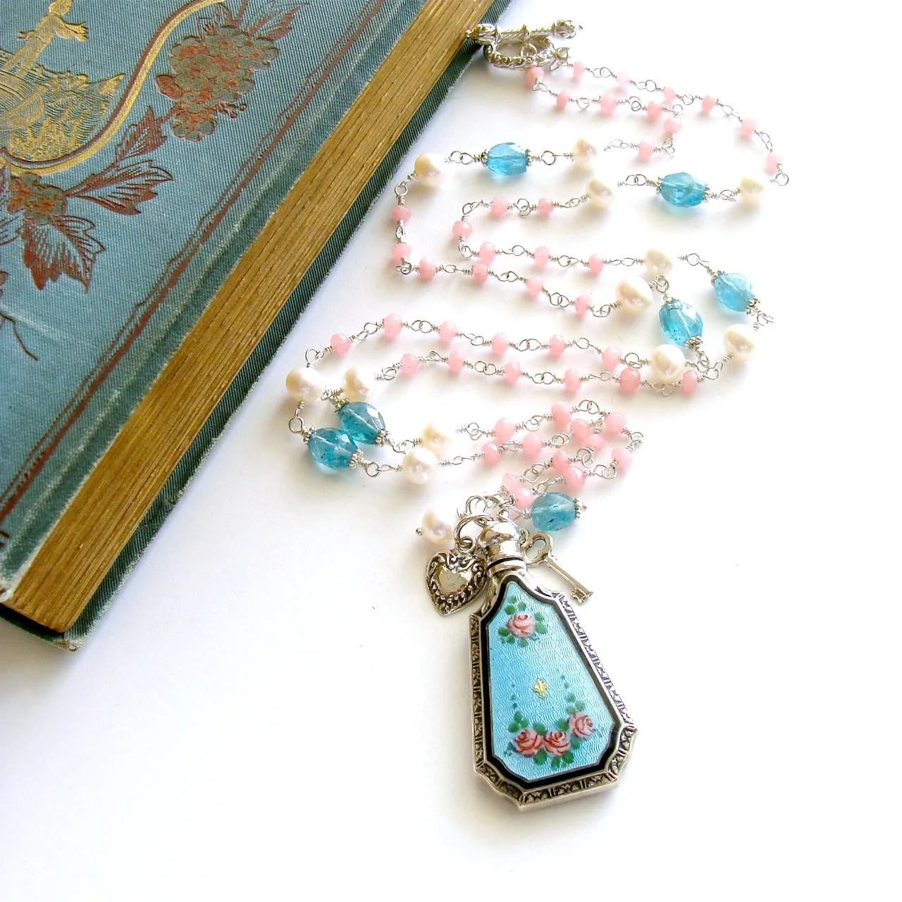 Pink Agate Apatite Freshwater Pearls Art Deco Guilloche Scent Bottle Necklace - Adaline Necklace