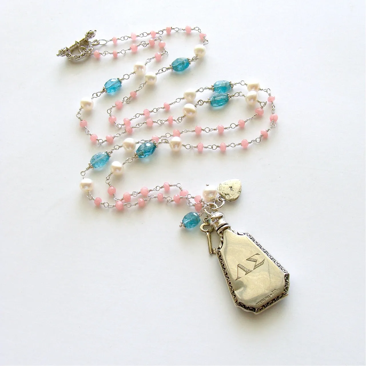 Pink Agate Apatite Freshwater Pearls Art Deco Guilloche Scent Bottle Necklace - Adaline Necklace