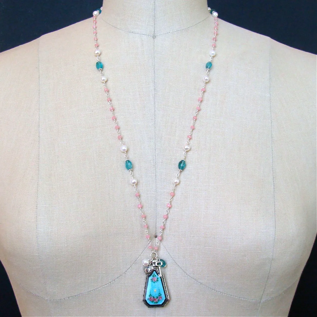 Pink Agate Apatite Freshwater Pearls Art Deco Guilloche Scent Bottle Necklace - Adaline Necklace