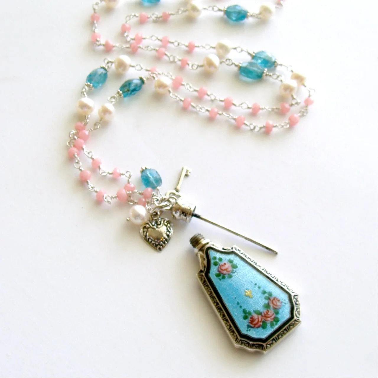 Pink Agate Apatite Freshwater Pearls Art Deco Guilloche Scent Bottle Necklace - Adaline Necklace