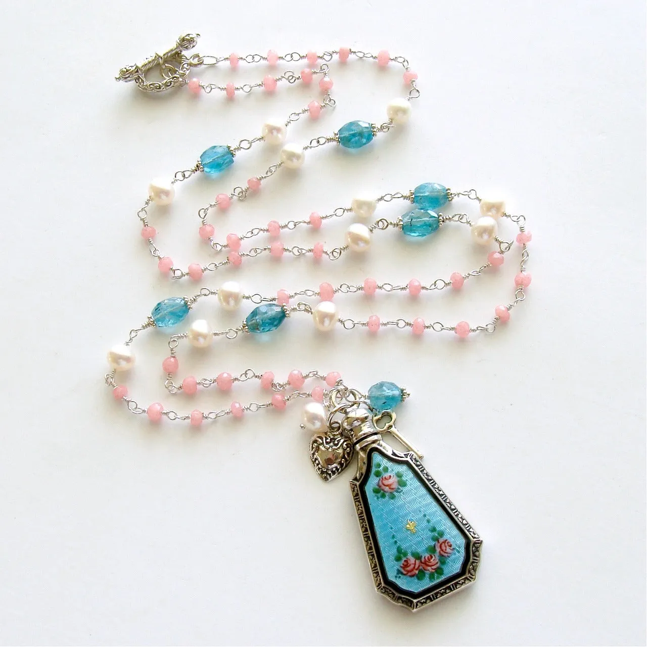 Pink Agate Apatite Freshwater Pearls Art Deco Guilloche Scent Bottle Necklace - Adaline Necklace