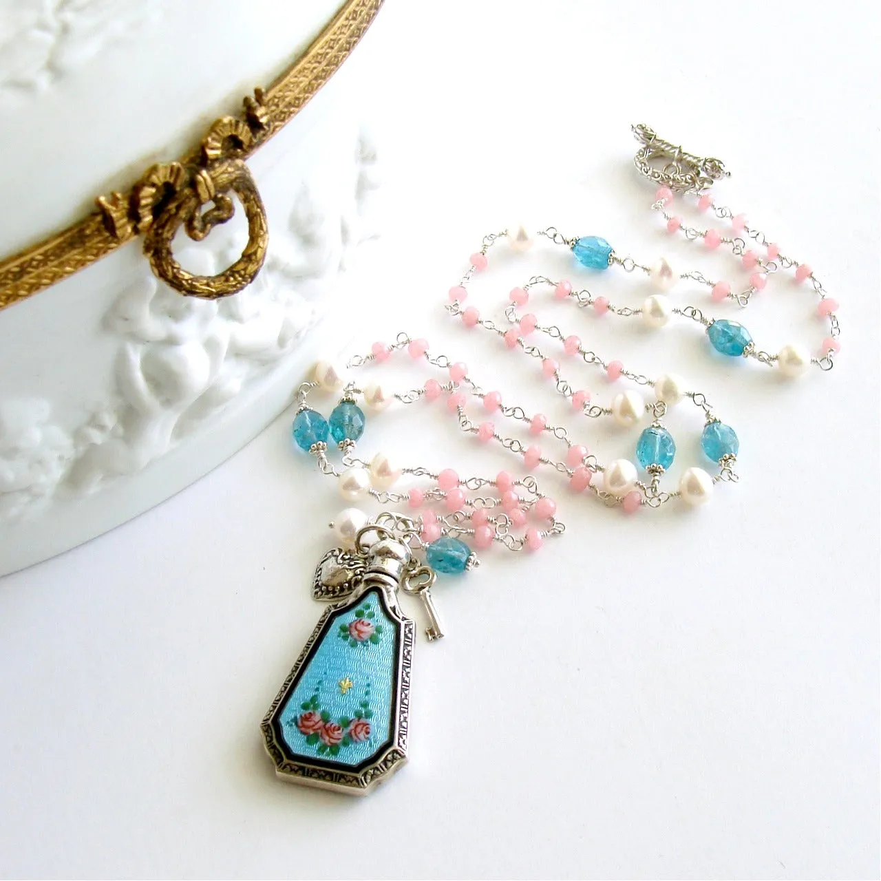 Pink Agate Apatite Freshwater Pearls Art Deco Guilloche Scent Bottle Necklace - Adaline Necklace