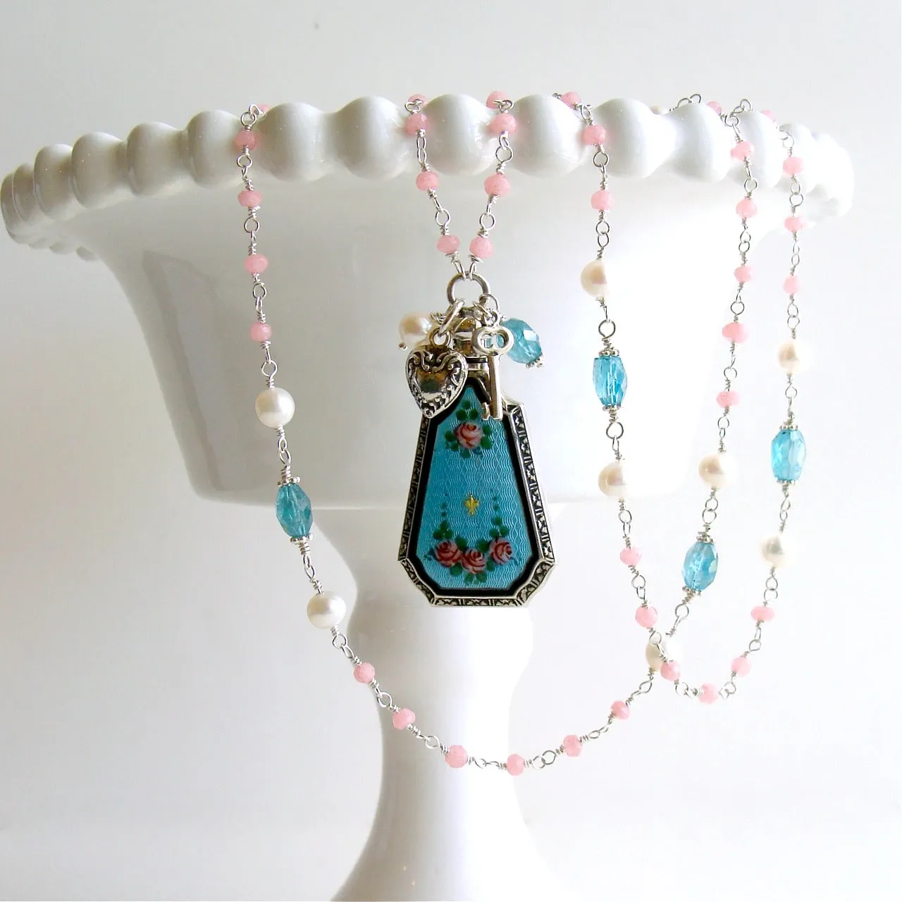 Pink Agate Apatite Freshwater Pearls Art Deco Guilloche Scent Bottle Necklace - Adaline Necklace