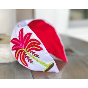 Pink Palm Tree Embroidered Seed Beaded Turban style Headband