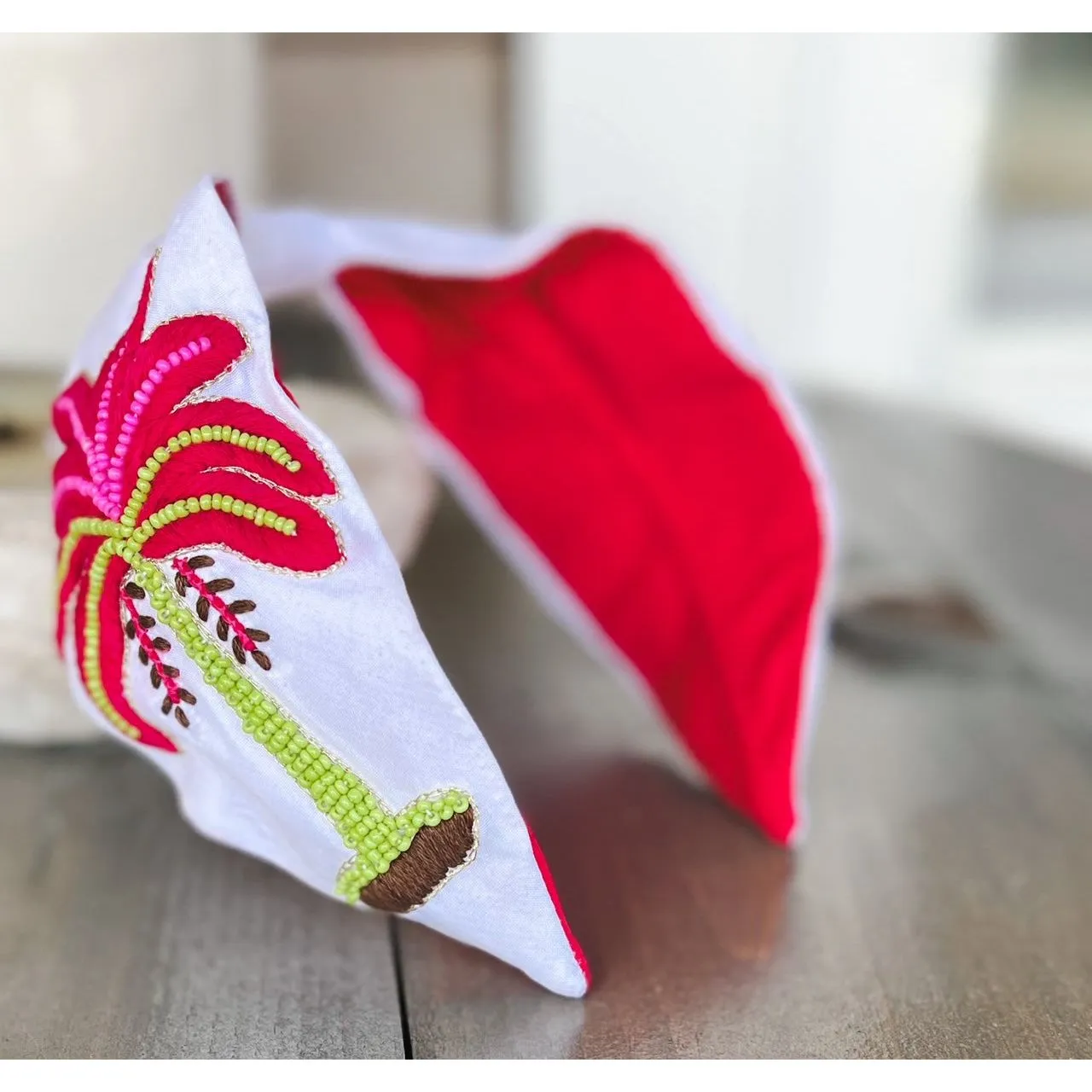 Pink Palm Tree Embroidered Seed Beaded Turban style Headband