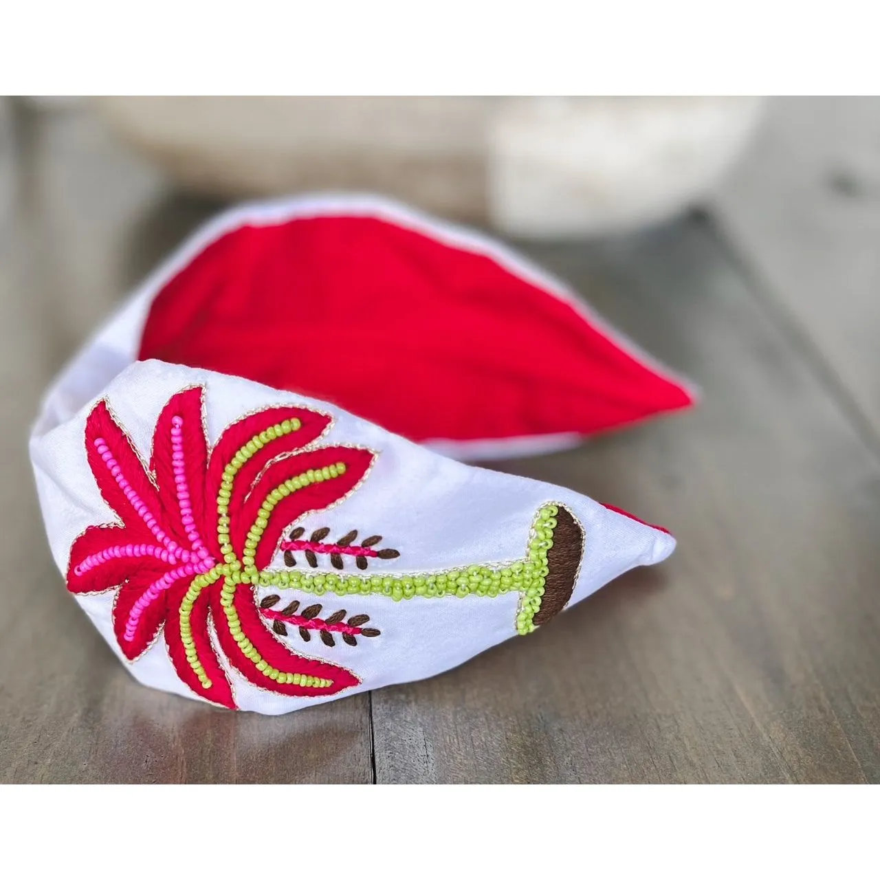 Pink Palm Tree Embroidered Seed Beaded Turban style Headband