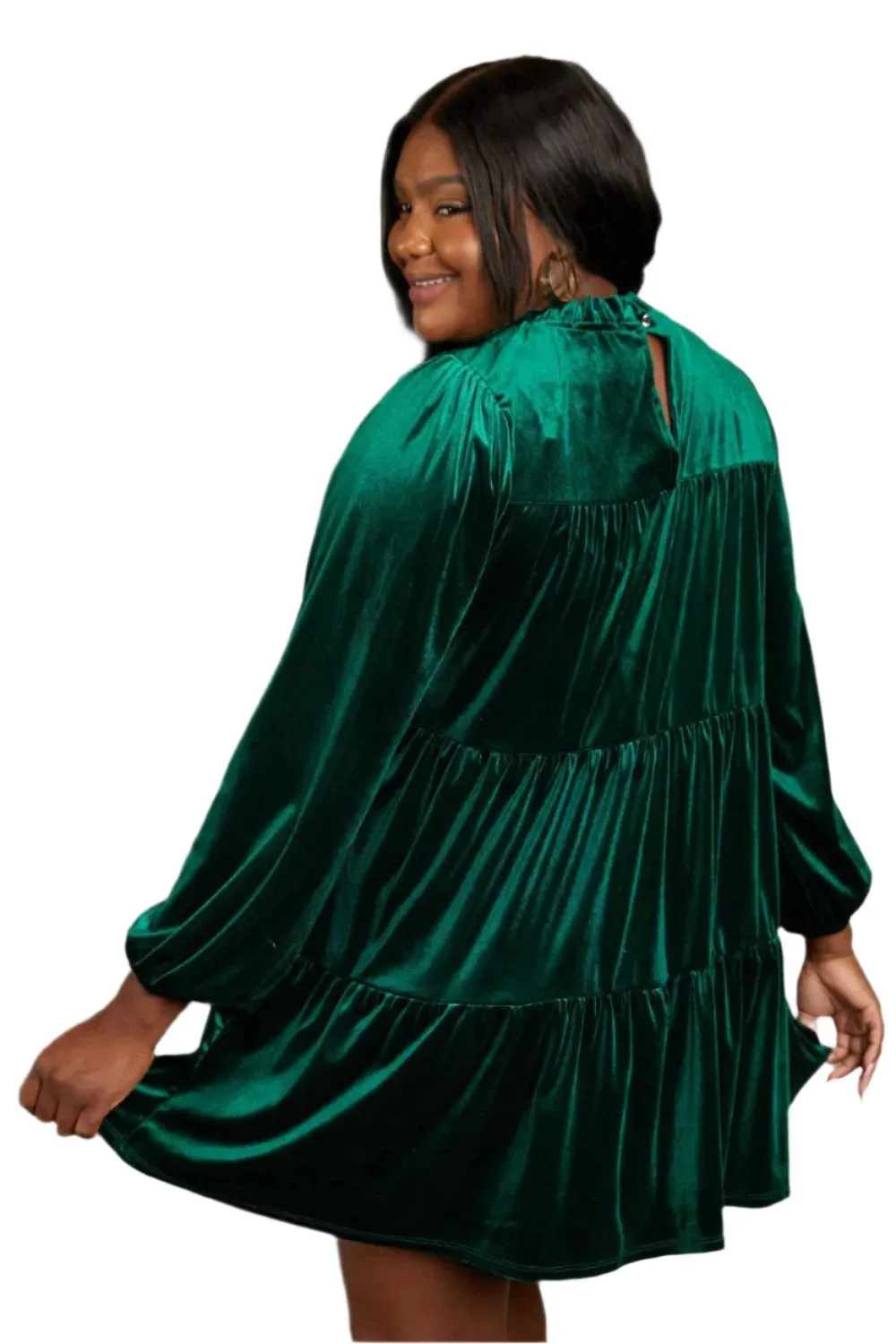 Plus Size 1XL Green Velvet Tiered Mini Dress