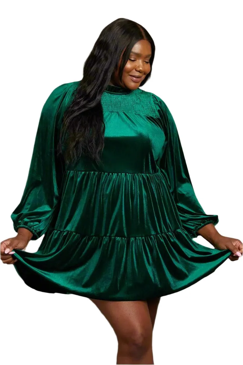 Plus Size 1XL Green Velvet Tiered Mini Dress