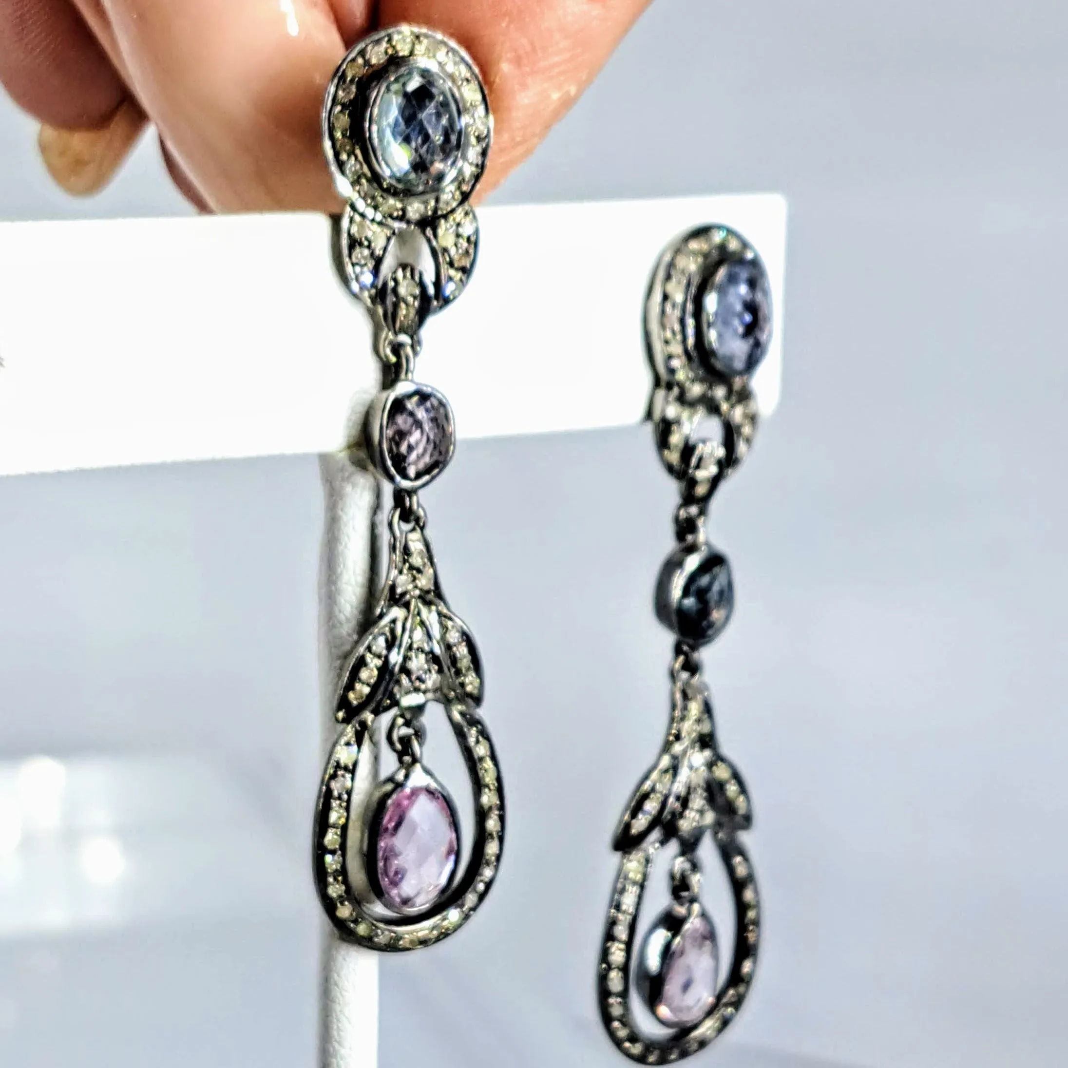 "Deco Darlings" 2.25" Earrings - Sapphire, Diamonds, Oxidized Sterling